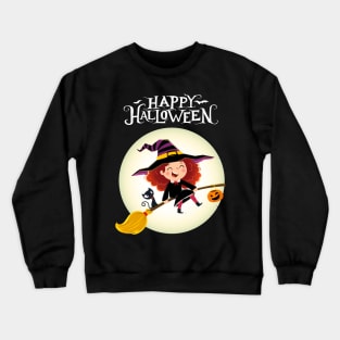 Happy Halloween with cute little girl witch and cat Crewneck Sweatshirt